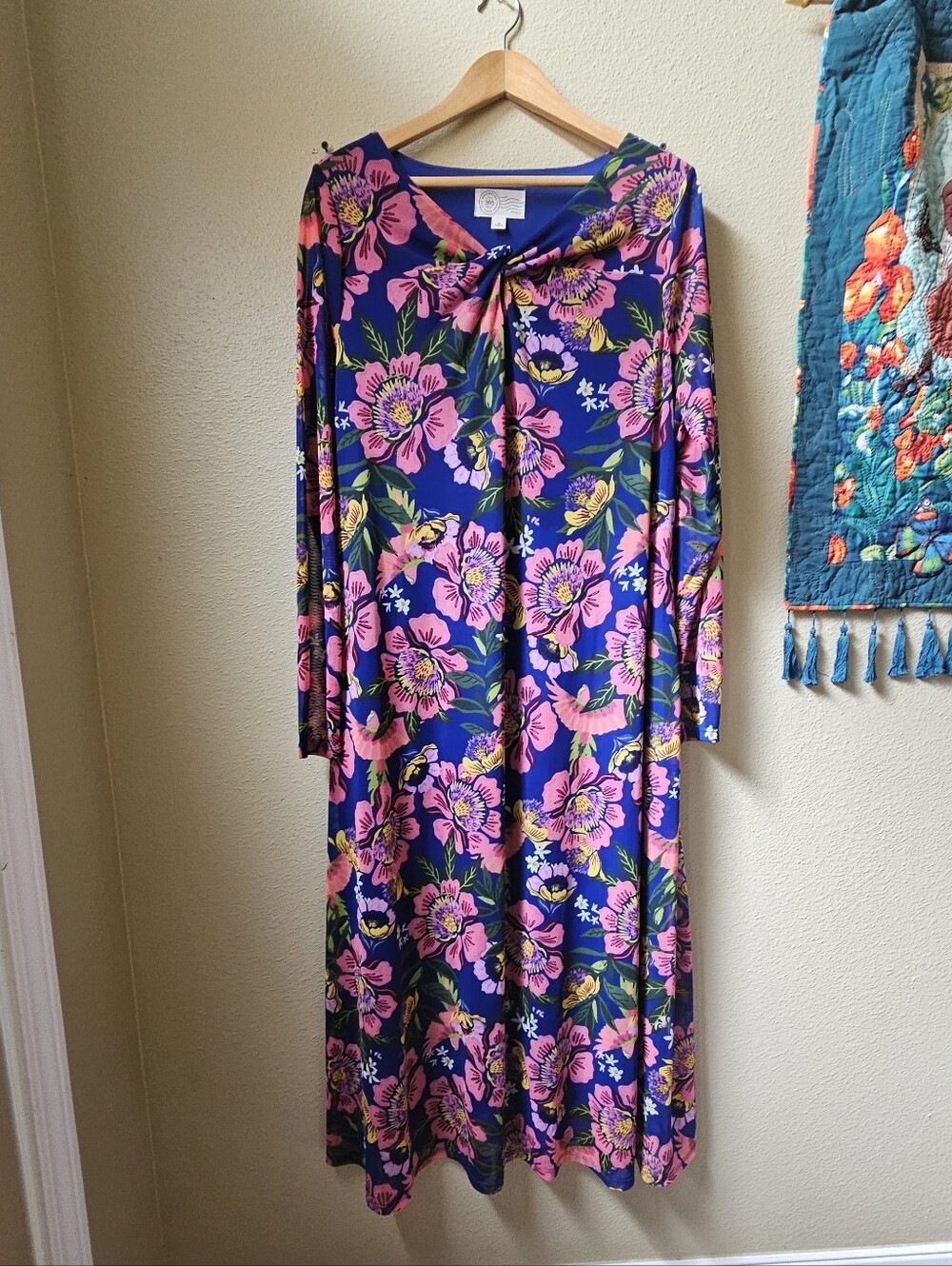 Navy Floral Long Sleeve Midi Dress with Pink Blooms